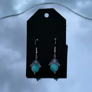 Flower Charm Simple Earrings Blue and Turquoise Iridescent Flower Petal Unique Design Hook Style Hook Earrings