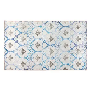 My Magic Carpet Leilani Damask Beige Blue Machine Washable Area Rug, 3x5 Stain Resistant, Non-Slip, Waterproof