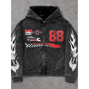 Men's Letter Print Zip Up Hoodie, Street Fashion Casual Loose Long Sleeve Hooded Outerwear for Daily Outdoor Wear, Racing Hoodie, Menswear for All Seasons, Vintage Clothing, Cotton, Hoodies Streetwear, Casual Fashion Longsleeves Hooded Sweatshirt