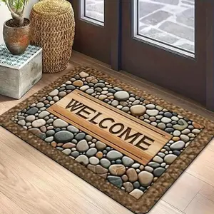 Natural Pebble Border Wooden Plank Welcome Doormat, Soft Absorbent Diatomite Material with 100% Non-Slip Rubber Backing, Easy To Clean, Home & Farmhouse Decoration Suitable for Laundry Rooms, Bathrooms, Kitchens, Living Rooms and Corridors
