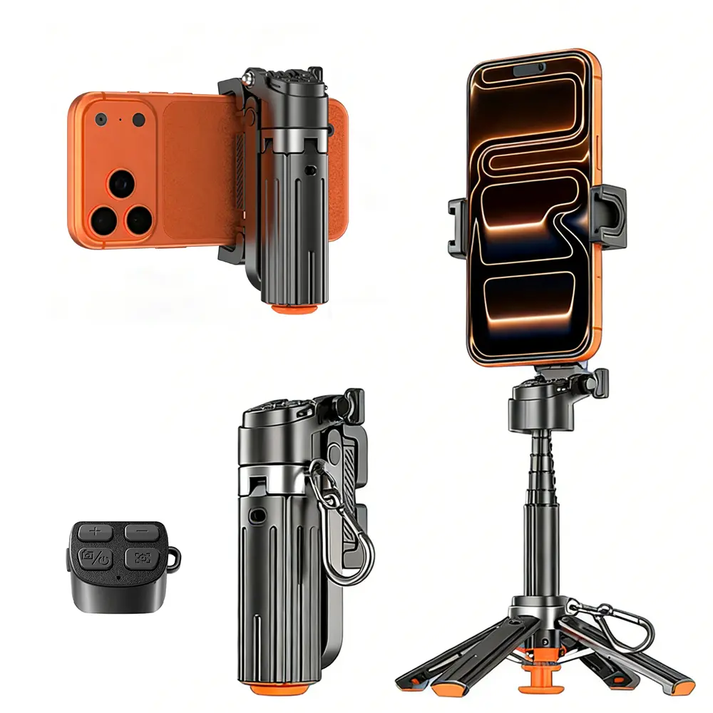 INFOJIFA 2026 Upgraded Foldable Alloy Mini Selfie Stick Grip - 360° Rotatable, Bluetooth Remote Control, Detachable Mobile Phone Mount, Lightweight Compact, Ideal for Selfies, Landscape Shooting, Compatible with Most Smartphones
