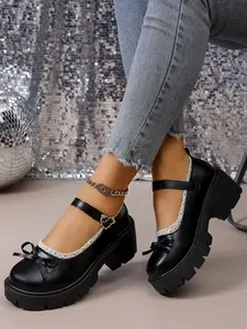Sugar Lace Heart Buckle Thick Sole Mary Jane Shoes, Vintage College Style Small Leather Shoes, Women's Fashion Footwear