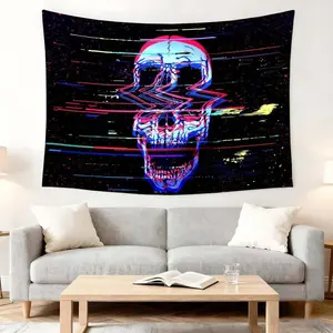 1 Pc Glitch Skull Wall Tapestry Neon Art Decoration Party Backdrop Cyberpunk Aesthetic Home Decor Festival Wall Hanging Background Fabric