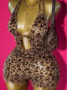 Cheetah Print Fur Backless Romper