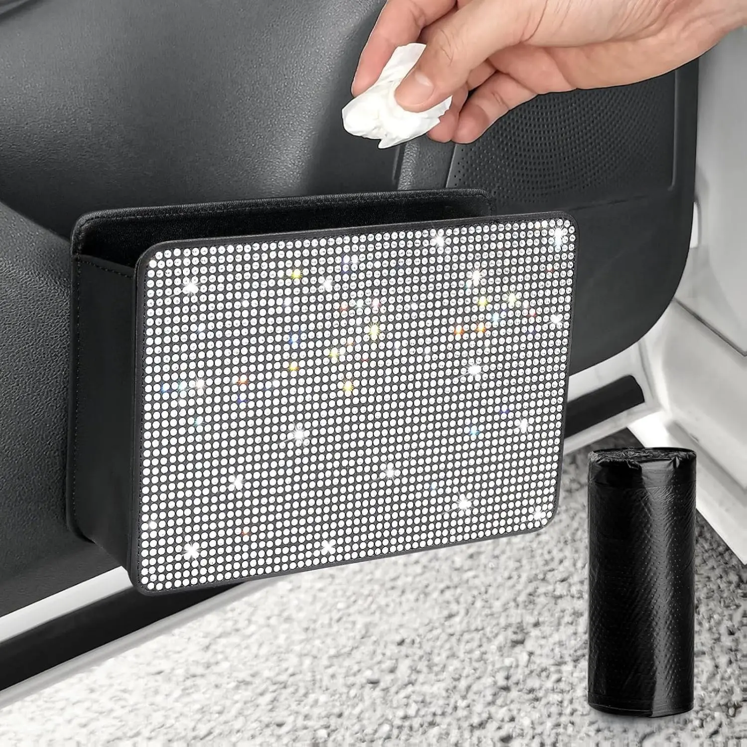 Bling Car Trash Can, Foldable Vehicle Trash Bin Dustbin Garbage Organizer Storage, Sparkling Crystal Rhinestone Trash Bags Holder Container with 30pcs Garbage Bag Car Accessories for Auto, SUV
