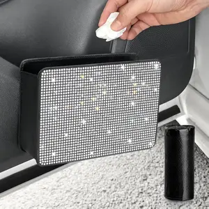 Bling Car Trash Can, Foldable Vehicle Trash Bin Dustbin Garbage Organizer Storage, Sparkling Crystal Rhinestone Trash Bags Holder Container with 30pcs Garbage Bag Car Accessories for Auto, SUV