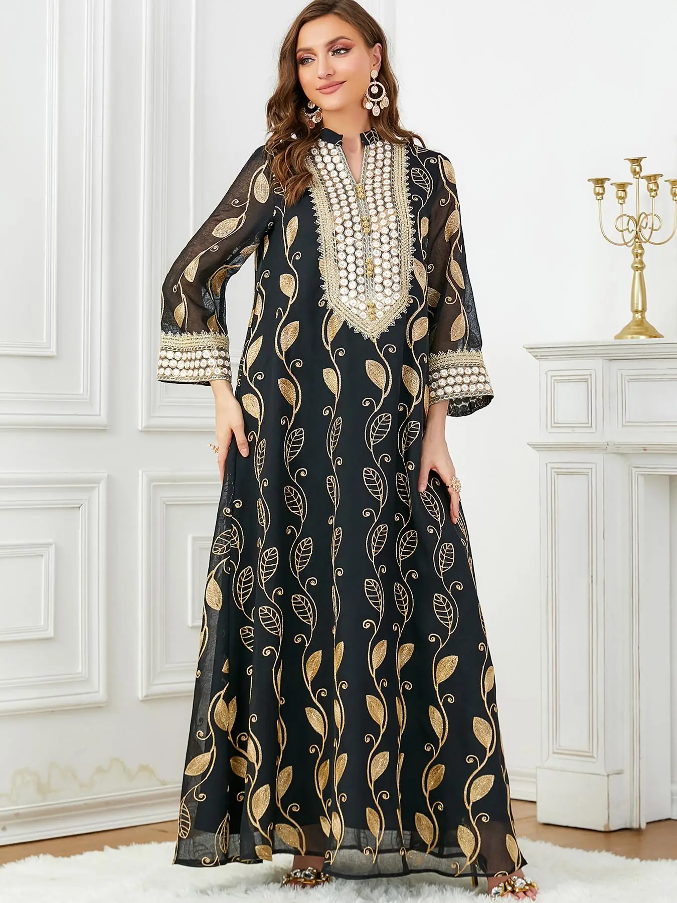 Arabic Clothing-Luxury Embroidered Notched Neck Long Sleeve Dress, Elegant All Over Print Long Dress for Women, Women's Islamic Clothing for Spring &
