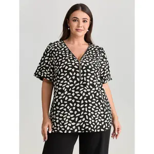 BloomChic Women's Plus Size Leopard Print Short-Sleeve Smooth Fabric Half-Zipper Blouse - Fit Top, Summer 2026 Mother's Day Pick Women's Shirts & Clothes Polyester Womenswear Swimweek