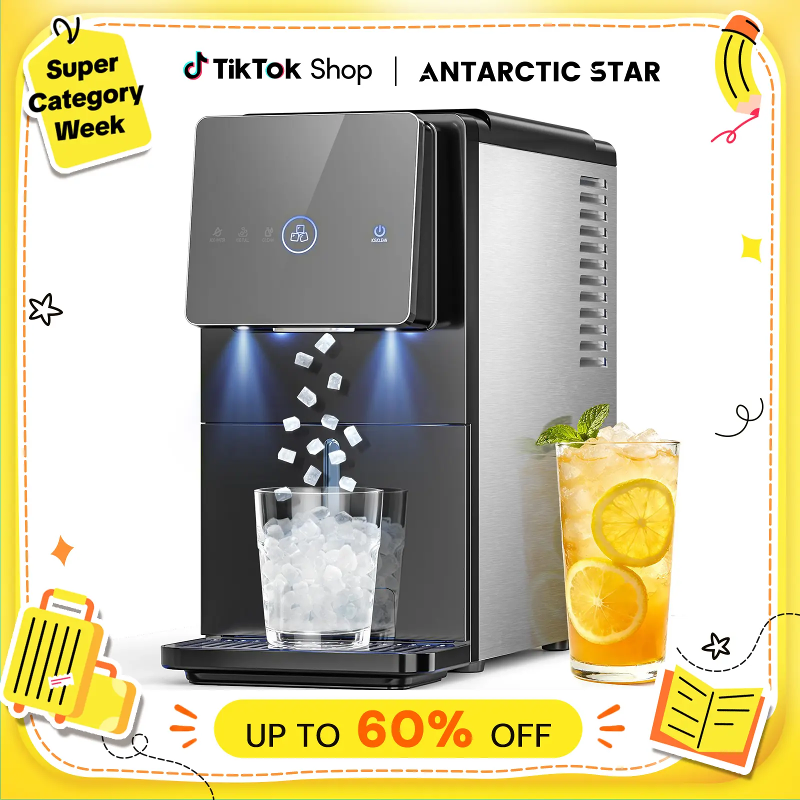 Antarctic Star Countertop Nugget Ice Maker, Self-Cleaning Portable Ice Machine, 33 lb/24H, 1.8L Water Tank, 1.5 lb Ice Storage, Touch Screen & Auto Ice Drop, for Home/Office/Kitchen