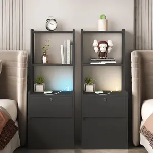 Nightstands Set of 2, with Charging Station, Smart Nightstand with Night Light, Modern Night Stand with Bookshelf, Bedside Tables with Storage Cabinet for Bedroom, Black