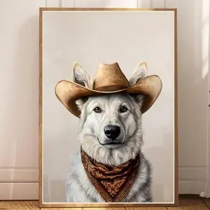 Dogs Cowboy Cowgirl Hat Print, Owned Dogs Neutral Aesthetic Vintage Art, Trendy Funky Western Art Wall Art, Unique Gift for Men Dad Animal Lovers