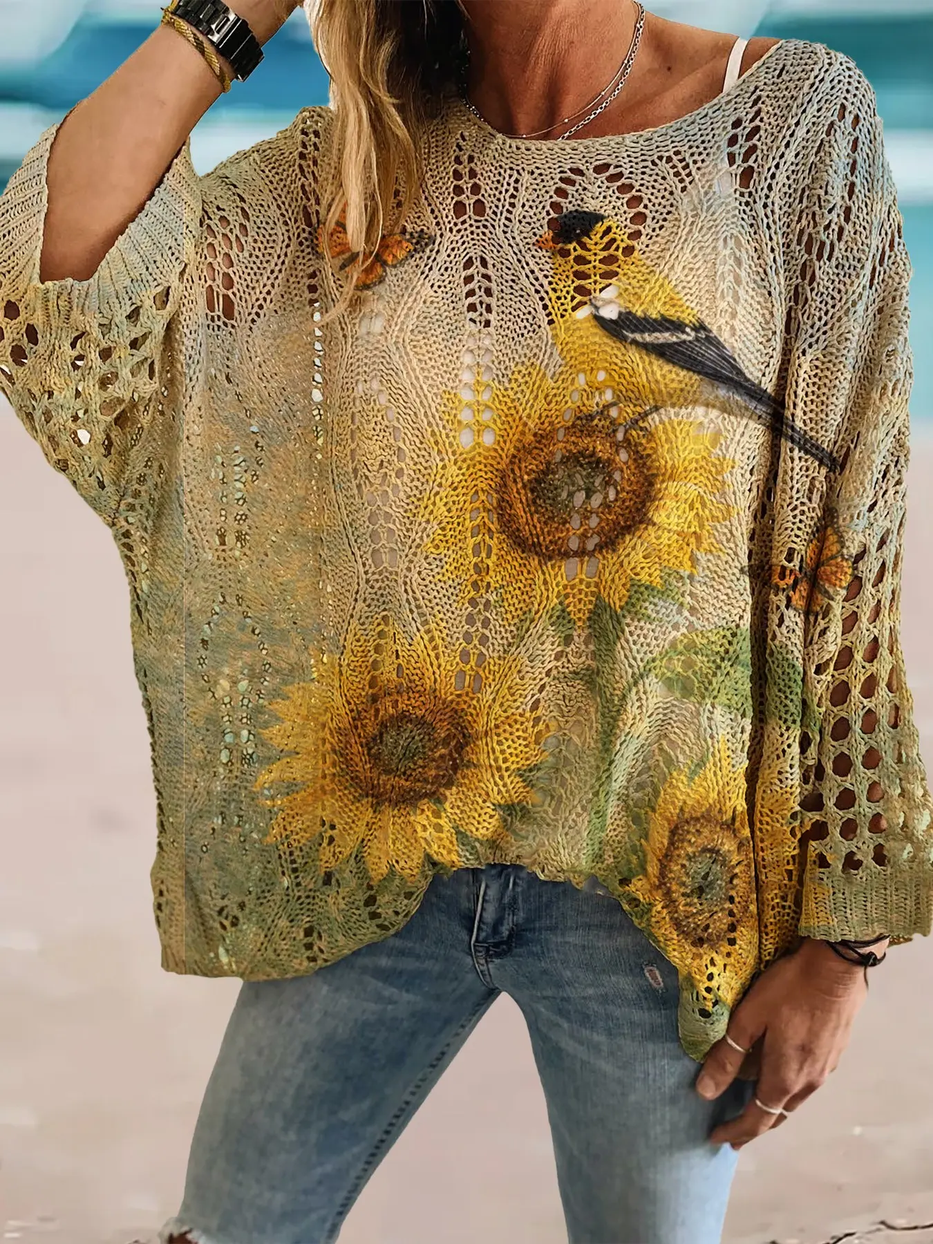 Spring Summer Round Neck Hollow Out Batwing Sleeve Women Top, Boho Sunflower Print, Casual Layered Hoodie for Beach Vacation, Womenswear