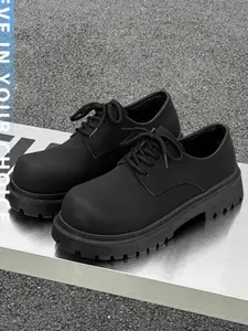 Men's Fashion Simple Lace-Up PU Leather Shoes, Casual Round Toe Low Top Derby Thick Sole Sneakers, Comfortable for Students Outdoor Wear, Casual Business Shoes