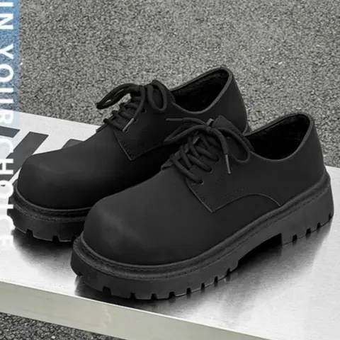 Men's Fashion Simple Lace-Up PU Leather Shoes, Casual Round Toe Low Top Derby Thick Sole Sneakers, Comfortable for Students Outdoor Wear, Casual Business Shoes