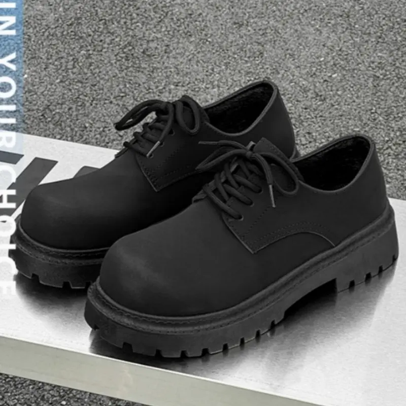 Men's Fashion Simple Lace-Up PU Leather Shoes, Casual Round Toe Low Top Derby Thick Sole Sneakers, Comfortable for Students Outdoor Wear, Casual Business Shoes