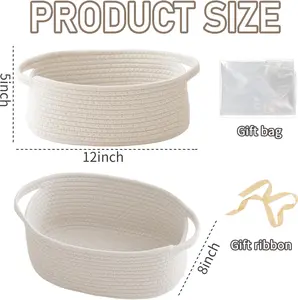 Woven Basket Small Rope Storage Bin with Elegant Handles Natural Handwoven Cotton Rope for Shelves Closets White Gift Basket Empty for Birthday Books Dog Toys