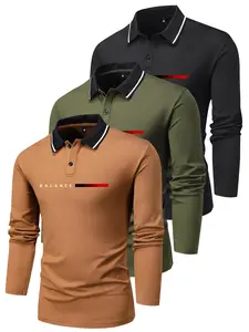 3-piece set men's spring and autumn lightweight letter print long-sleeve buttoned polo shirt fashion casual sports travel business lightweight work golf fishing camping gift for boyfriend or husband holiday men's clothing set