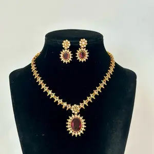 Victorian Set with Earrings - Elegant Gold-Tone Necklace & Earrings Set with Red Gemstone Centerpiece