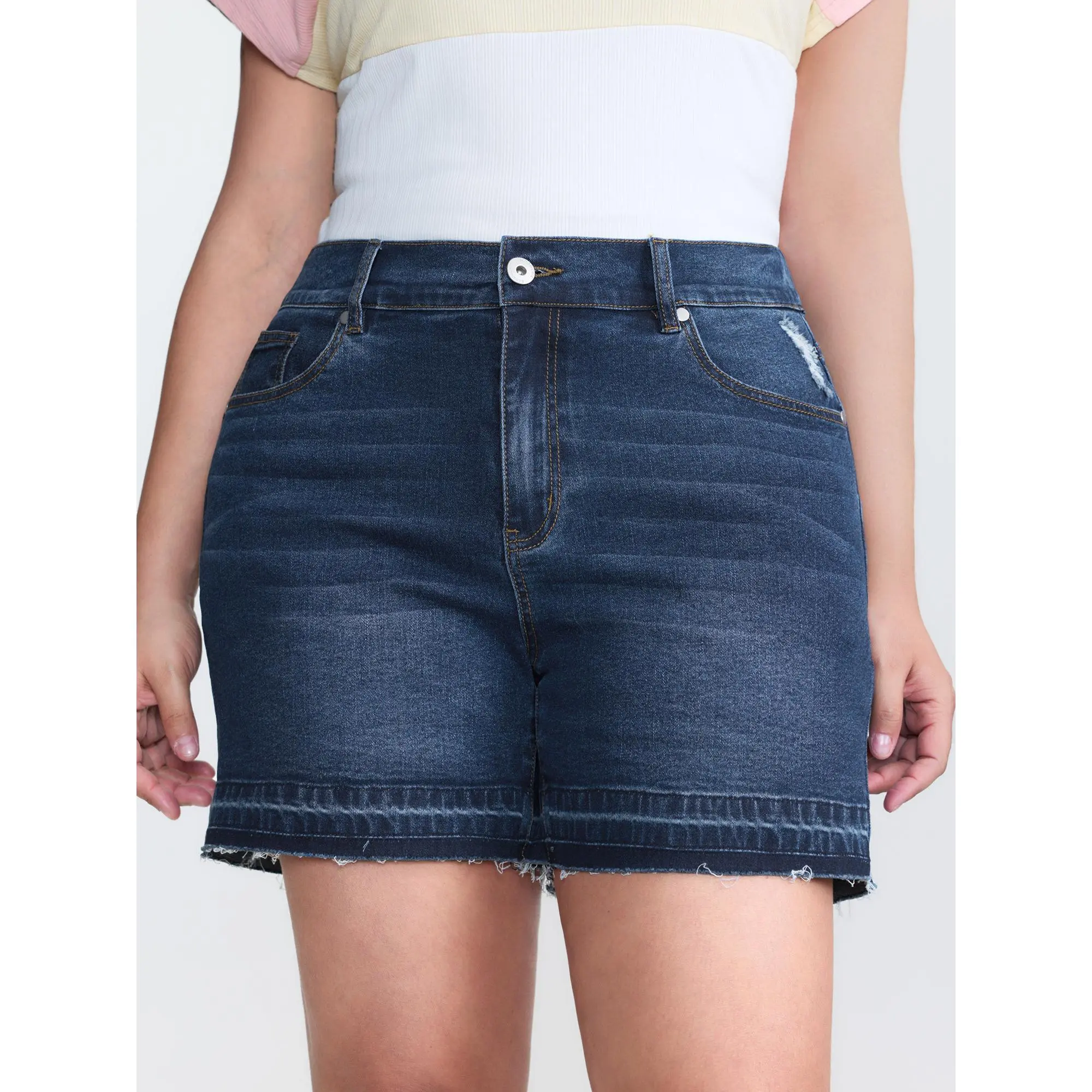 BLOOMCHIC Women's Plus Size Fitted Stretch Denim Shorts - 70% Cotton-Spandex Fabric, Stretchy Waist, Ripped Hem, 2026 Summer Casual Fit Bottoms, Dark Indigo, Above the Knee Plus Size Shorts, High Stretch Jeans-Look