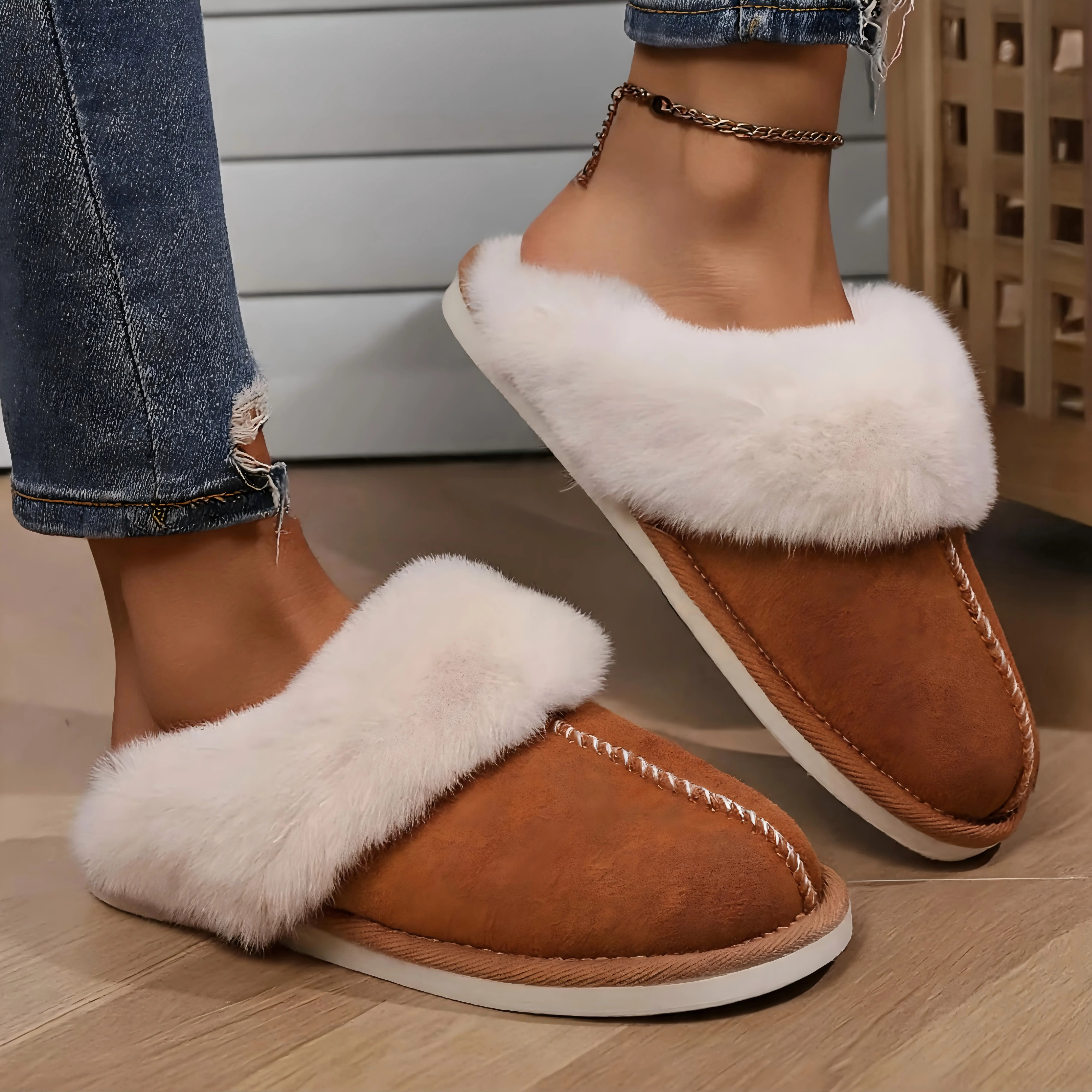 Women's Fluffy Casual Slippers - Warm Rabbit Fleece Lining, Vintage Style, All-Season Footwear, Ethylene Vinyl Acetate (EVA) Sole, Fabric Upper, Round Toe, Ankle-Cut, Comfortable Home Slippers, Ideal for Christmas Gifts, 5-5.5 Women/36-37 EU Shoe