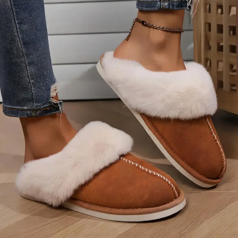 Women's Vintage Fluffy Casual Slippers - Warm Rabbit Fleece Lining, EVA Sole, Fabric Upper, Round Toe, Ankle-Cut, Indoor/Outdoor All-Season Shoes for Women, Ideal Gifts for Female Adults, Size 5-5.5 Women/36-37 EU