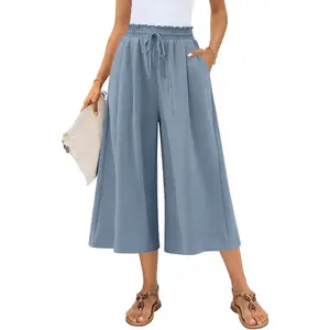 Womens Capri Palazzo Pants Wide Leg Summer High Waisted Gaucho Capris Business Casual Trousers with Pockets