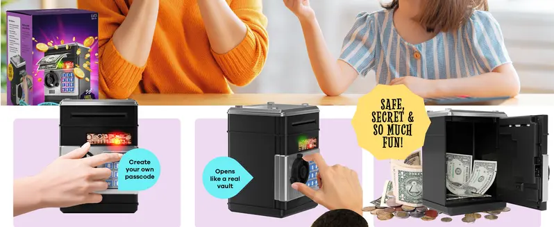 Piggy Bank for Kids Adults, Electronic ATM Coin Cash Bank with Password Code Lock and Auto Grab Bill Slot, Large Capacity Coin Bank Money Jar for Adults, Designed for All US Coins, Capacity 10000+