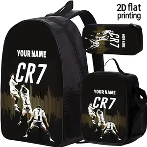 3pcs CR7 Football Star Customizable Backpack - Personalized TextName, Large Capacity Lunch Bag & Travel Backpack with Adjustable Straps, Durable Black & Golden Design for School, Sports, Camping, Travel, for Teenager