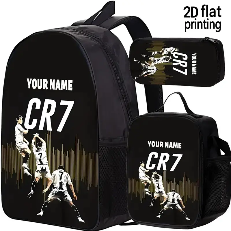 3pcs CR7 Football Star Customizable Backpack - Personalized TextName, Large Capacity Lunch Bag & Travel Backpack with Adjustable Straps, Durable Black & Golden Design for School, Sports, Camping, Travel, for Teenager