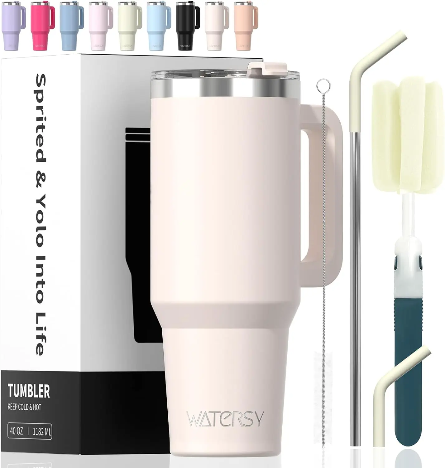 40 Oz Tumbler with Handle,Tumbler with Lid and Straw,Double Wall Insulated Cup Stainless Steel Travel Mug(Cold for 34 Hours),Water Bottle for Iced Tea,Coffee,Cold Beverages(Ivory Beige) WATERSY