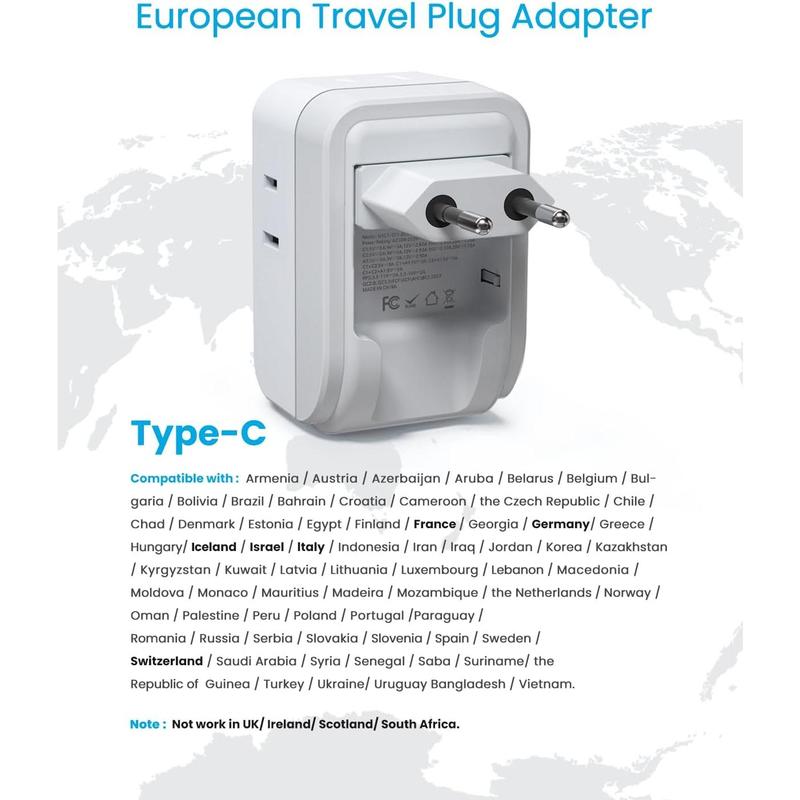 SQ-APT014 2 Pack European Travel Plug Adapter, Foldable International Power Adapter with 2 AC Outlets 3 USB Charging Ports(2 USB C), Type C Power Adaptor to Most Europe Italy Spain France Iceland Germany