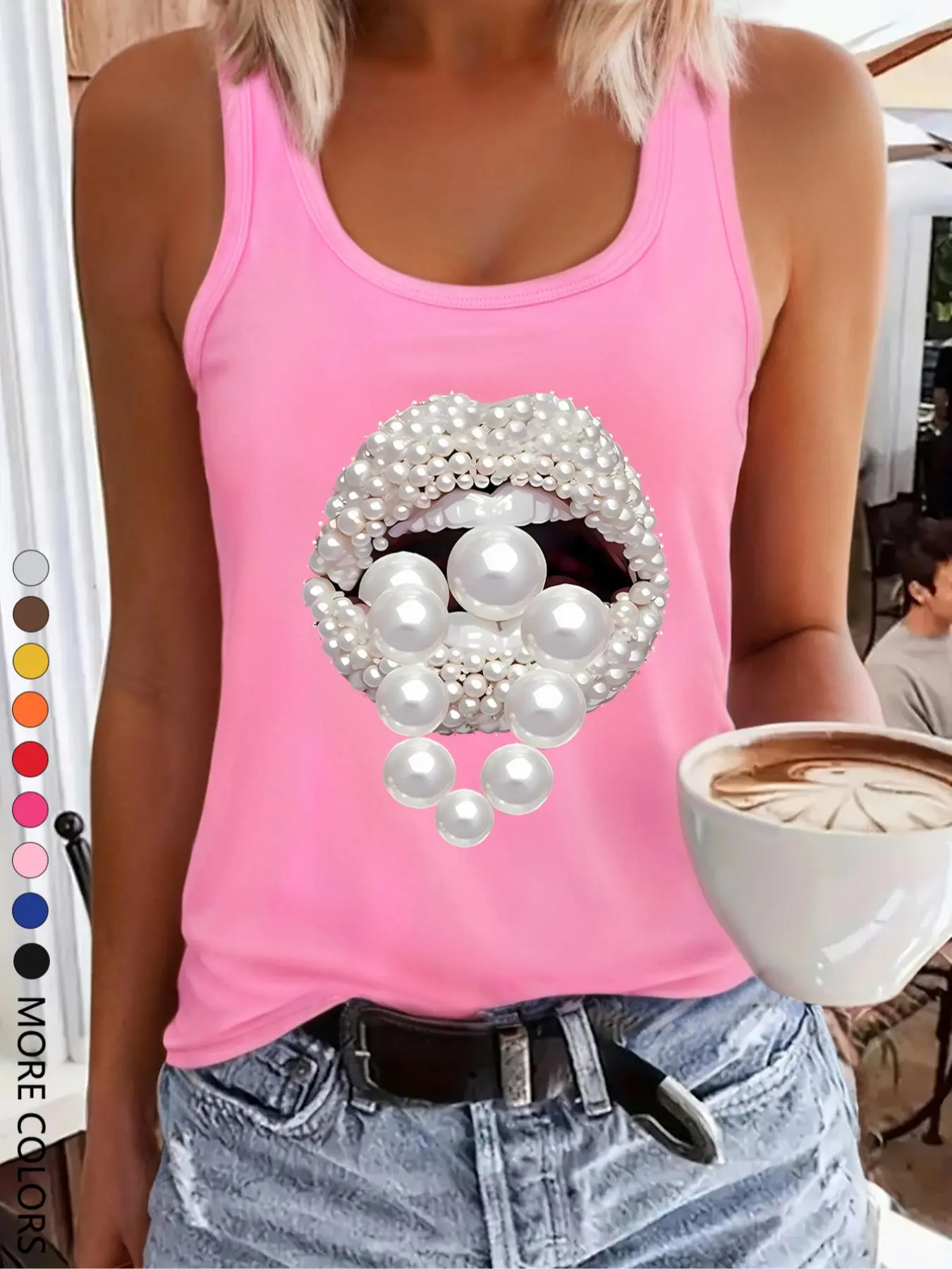 Women's Pearl Mouth Print Tank Top, Casual Sleeveless Round Neck Top for Summer, Ladies Clothes for Daily Wear