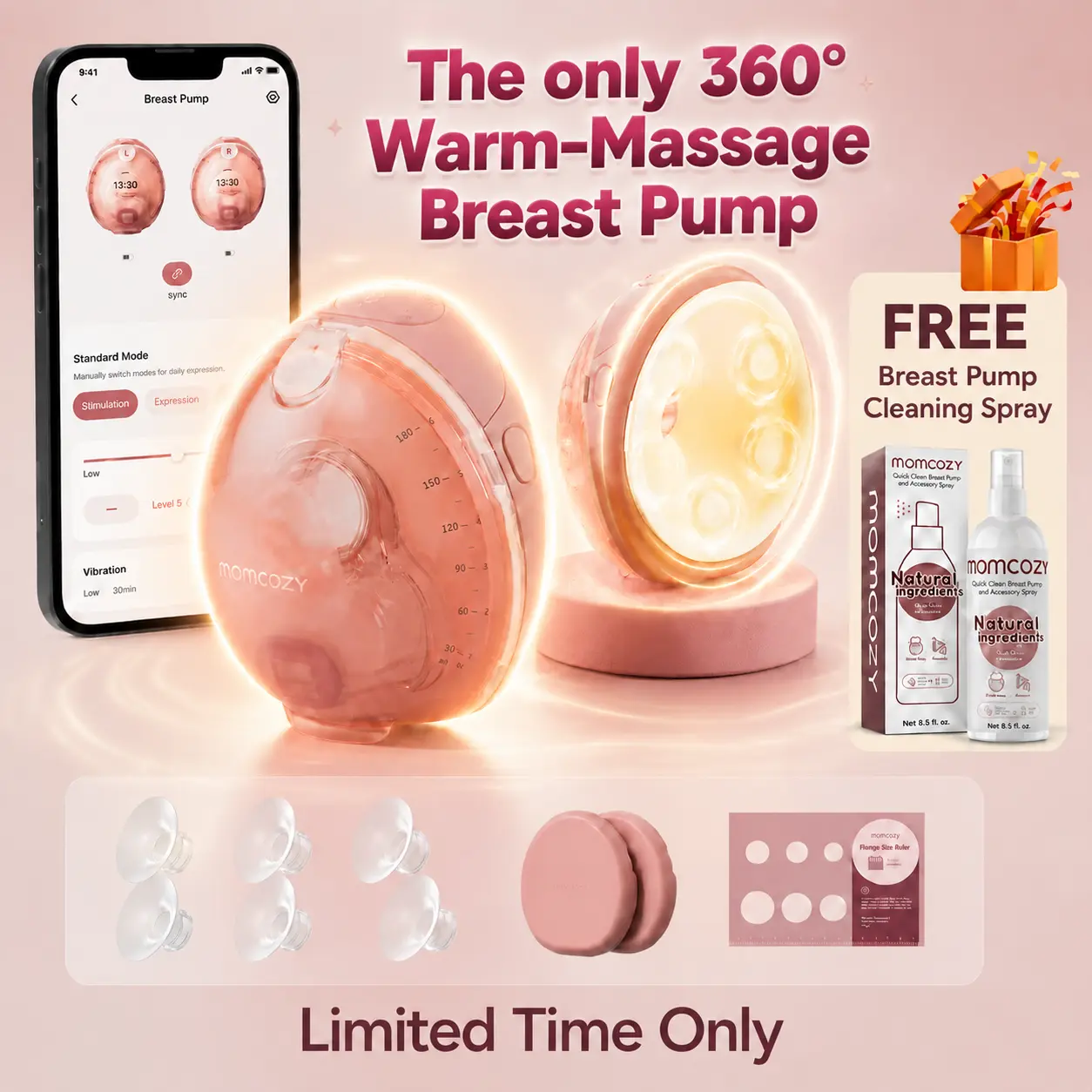 Momcozy Wellness 1 Wearable Breast Pump, Warm-Massage Hands-Free Pump with Heated Flange&Simulated Massage for Comfortable Breastfeeding&Let-Down, App-Controlled, 4 Modes 12 Levels, 180ml/6oz Milk Machine