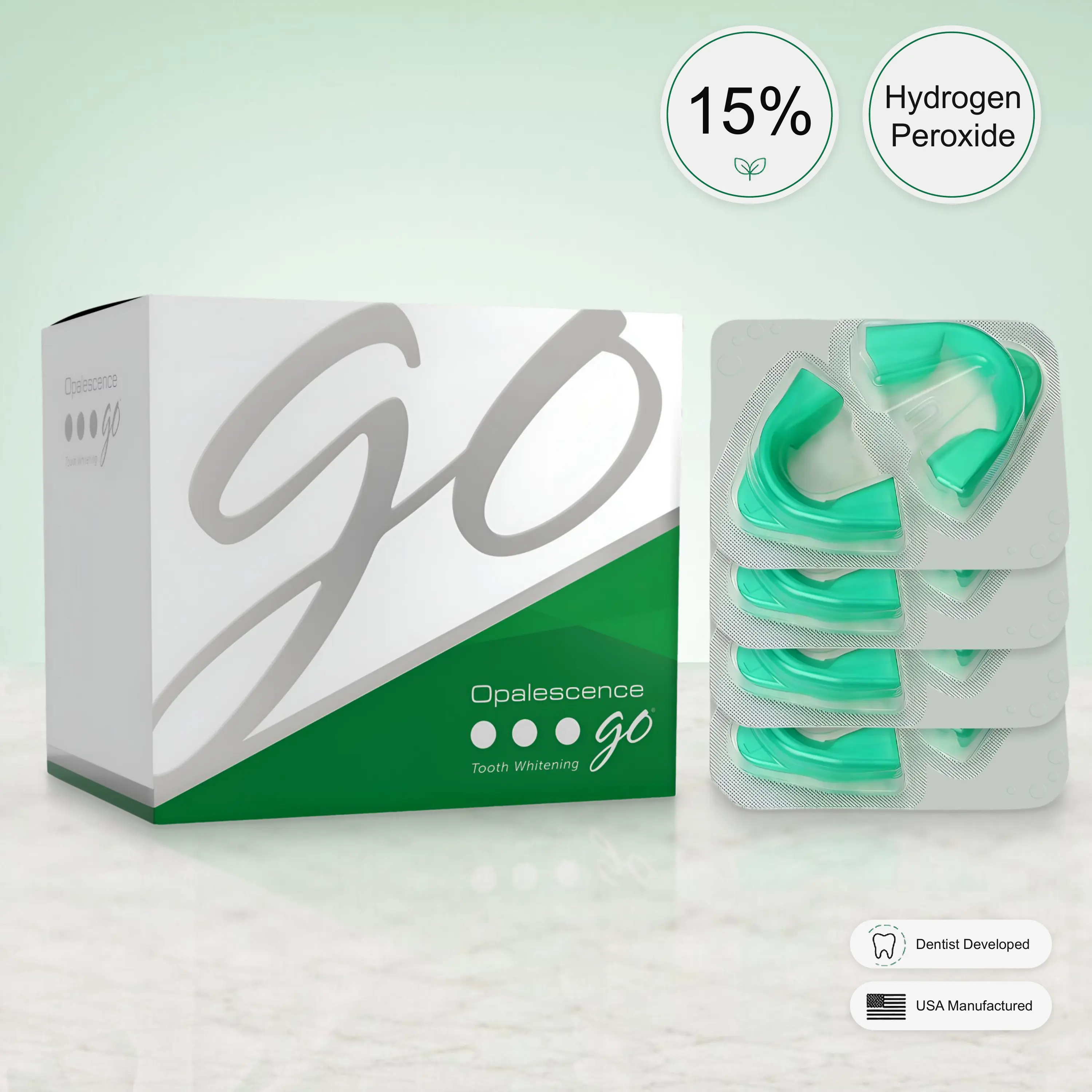 Opalescence Go - Prefilled Teeth Whitening Trays - Original 15% - (4 Treatments) - Hydrogen Peroxide PF Gel Oral Care Cool Mint - Made by Ultradent.