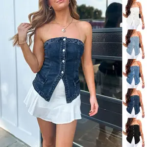 Womens Strapless Denim Vest Summer Button Down Jean Tube Tops Y2k Going Out Fitted Bandeau Shirts Waistcoat