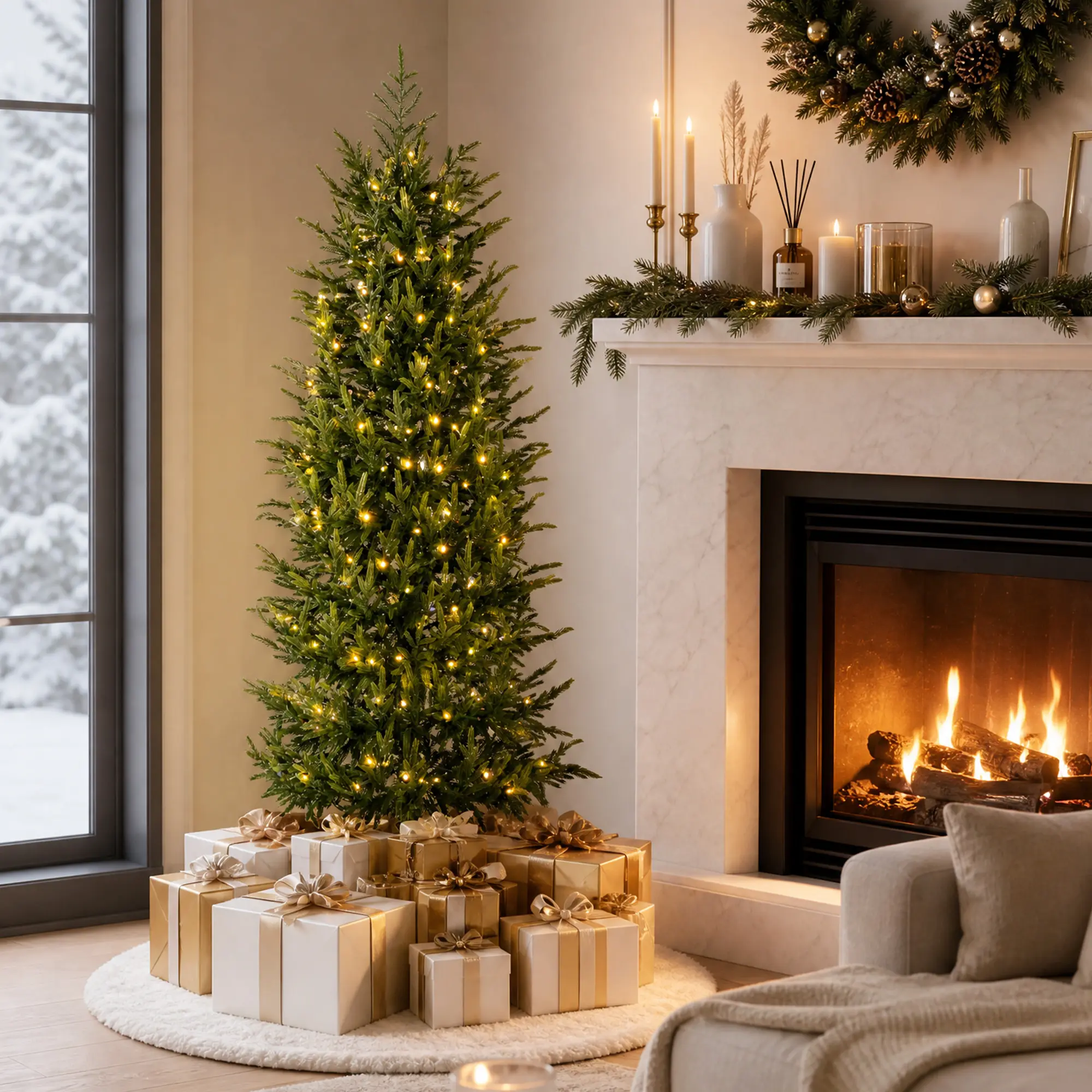 Glitzhome 5ft/6ft Pre-lit Christmas Artificial Norfolk Pine Tree with Warm White and Multi-color Flashing LED lights Featuring 10 functions, With Foot Pedal and Remote Controller