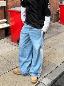 Side Stripe Five-Bar Design Street Vintage Jeans, Eden Unisex Loose Fit Denim Jeans, Essential Casual Daily Wear Streetwear, Pants