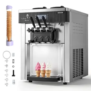 Fathersdaygift Stainless Steel Commercial 3-Flavor Soft Serve Ice Cream Machine, 2200W Power, 20-28L/H Yield, Countertop Maker with 2x 6L Hoppers, Hopper Agitation, Pre-Cooling & Self-Cleaning for Snack Dessert Shops, Two Hoppers