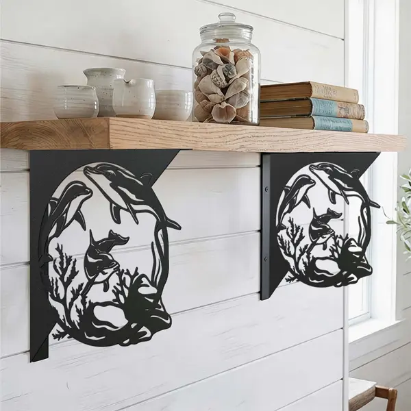Whale-Cutout Floating Shelf Brackets (Set of 2) — Sturdy, durable, and easy-to-install wall-mounted brackets blending Asian Zen aesthetics; suitable for storage and decorative display in kitchens, bathrooms, bedrooms, and balconies.