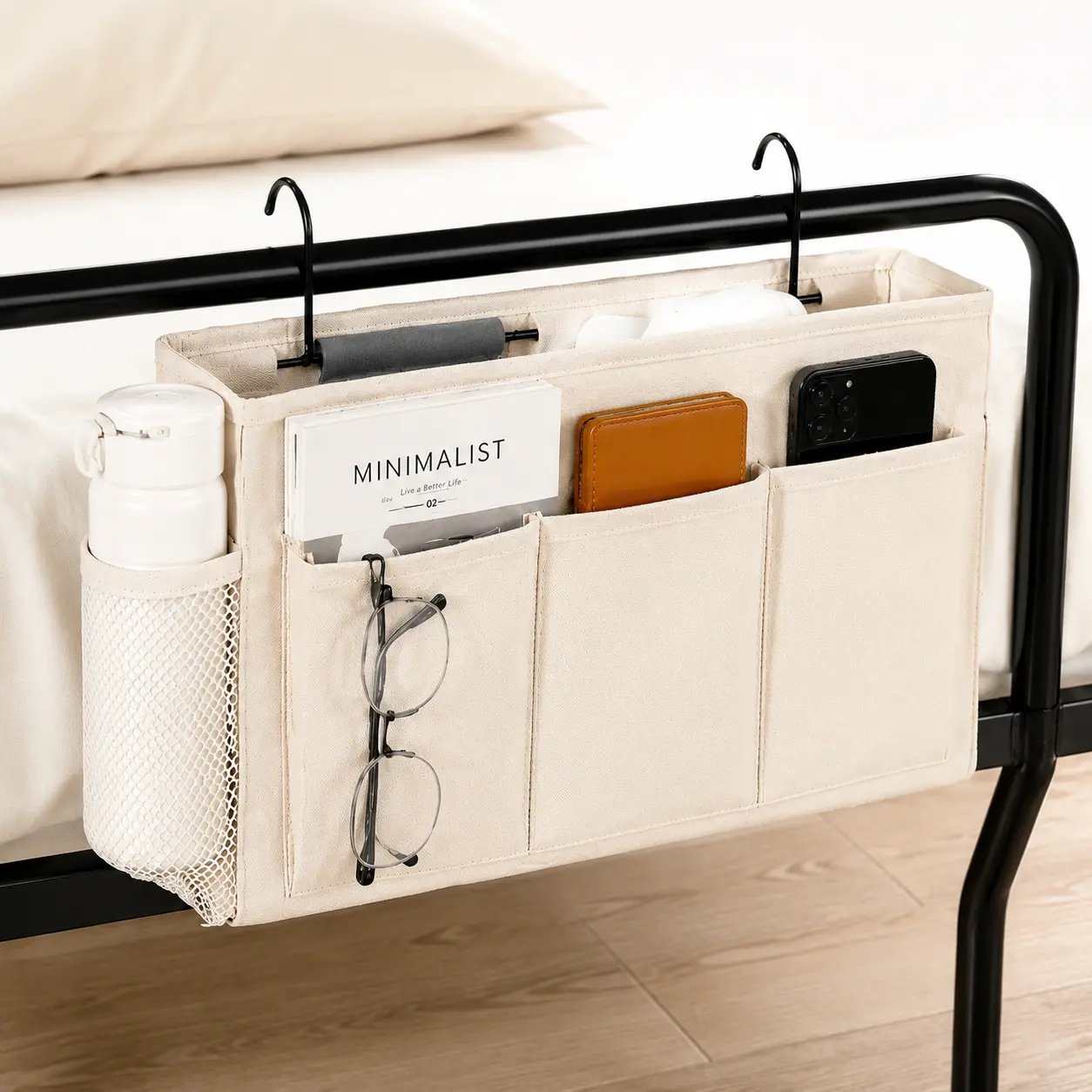 Bedside Caddy Storage Organizer with Fixed Straps, Hanging Bedside Pocket with Water Bottle Holder for Dorm Room, College, Bunk Bed, Hospital Bed Rails & Home Storage