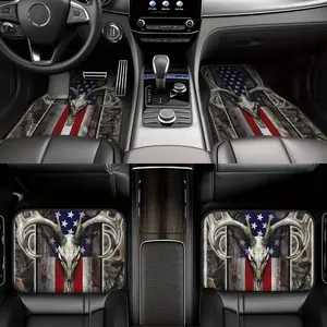 4-Piece set of American flag and wooden deer skull camouflage style printed car mats - non-slip, suitable for cars, SUVs and other models - the perfect gift for both men and women, American flag and wooden deer skull camouflage car interior accessories