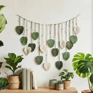 Bohemian Macrame Leaf Wall Hanging | Handmade Woven Tapestry with Wooden Beads | Green & Cream Boho Decor for Bedroom, Kitchen, Dining, Bathroom | Perfect Gift for Mom, Housewarming & Home Accents