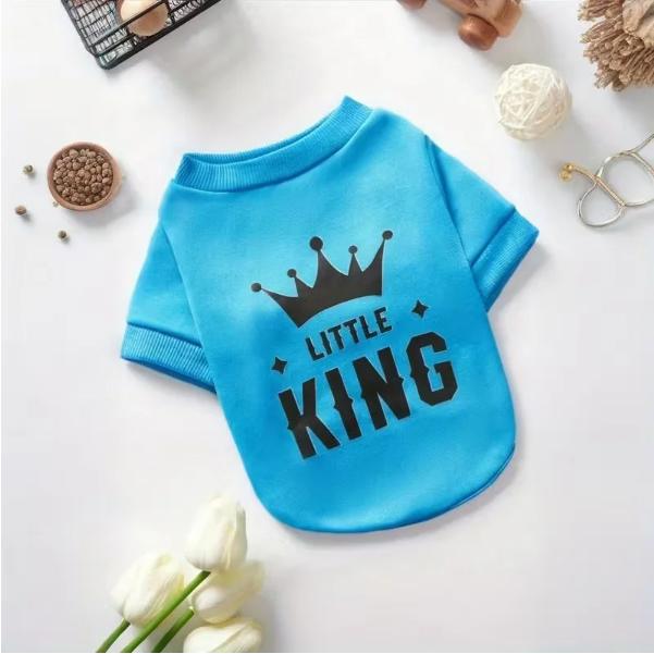 Crown Print Pet Sweatshirt for Dogs & Cats Soft Blue Pullover with Ribbed Cuffs Striped Letter Design Little King Theme