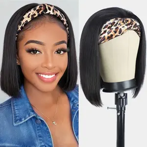 Headband Wigs Human Hair Bob Headband Wig for Black Women with Leopard Print Headband Easy Put  and Go Glueless Wig Straight Wigs Machine Made 180% Density No Lace Wig  Color (10 Inch)