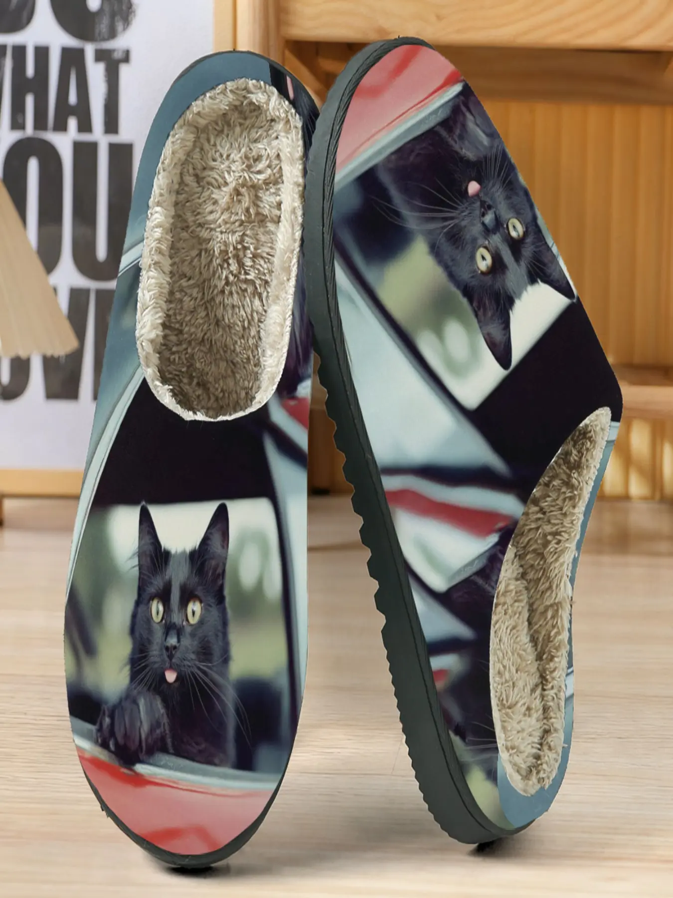 Cat Car Window Interactive Cotton Slippers, Plush Lining Warm Feet, Funny Claw Tongue Pattern, Cute and Vivid, Home Use