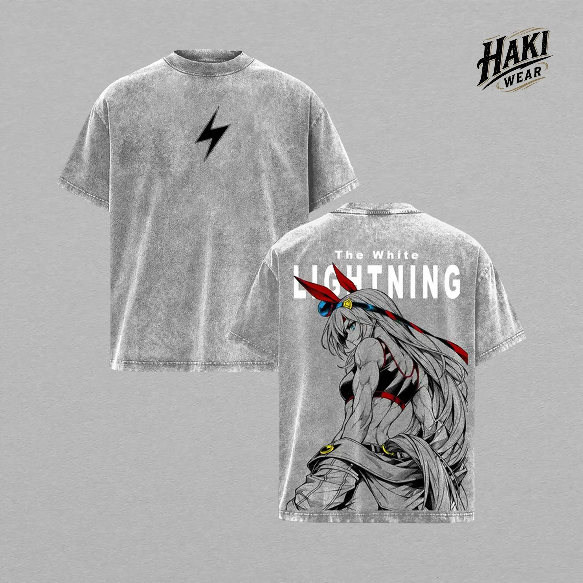 Tamamo Cross T-Shirt – Uma Musume Vintage Washed Oversized Graphic Tee, Double Printed Anime Streetwear, Heavyweight Cotton Unisex Top, White Lightning Design Shirt, Retro Racing Girl Aesthetic, Gift for Anime Fans