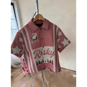 New men's retro street style shirt, hip-hop letter pattern 3D printed loose short-sleeve button-up shirt
