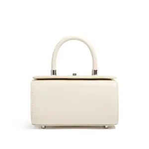 Cream Top Grain Cowhide Top Handle city curve Bag for Women Minimalist Structured Box Satchel Purse tote