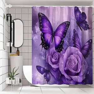 1/4pc Purple Butterfly Pattern Shower Curtain Set, Bathroom Accessory, includes non-slip mat, U-shaped rug, and toilet seat cover. Perfect for bathroom decoration accessories, partitioning, and beautifying the space. Comes with 12 shower curtain hooks