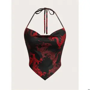 Summer Tank Hem Asymmetrical Print EZwear tiktok Dragon Halter Neck Women s Top For
